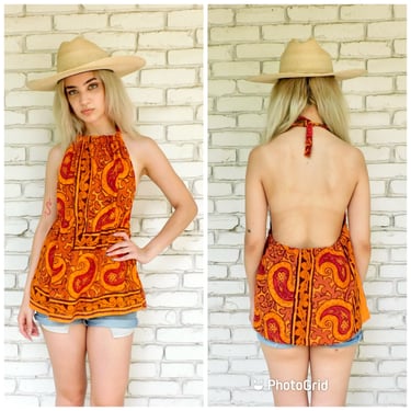 Indian Tunic // vintage 70s mini empire waist dress blouse boho halter open back hippie hippy 1970s cotton India orange // O/S 