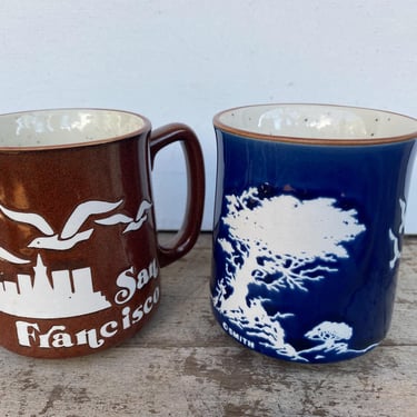 70's Vintage San Francisco Mugs, Monterey, Big Sur, Cypress, California, Sea Gulls, Set Of 2 Speckled Stoneware Coffee Cups, Souvenir 