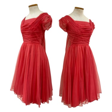 Vtg Vintage 1950s 50s Designer Emma Domb Shocking Pink Ruched Pinup Party Dress 