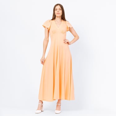 Vintage 70s Peach Flutter Sleeve Maxi Dress - Extra Small | Retro Empire Waist Disco Prom Party Dress 