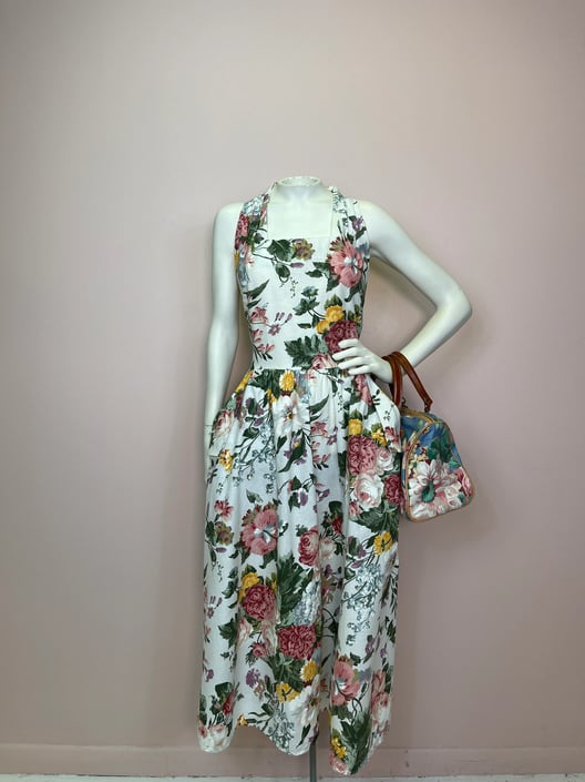 Vtg 80s pastel floral rose print cottage core halter dress 