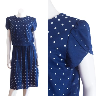 1980s dark blue polka dot blouson dress 