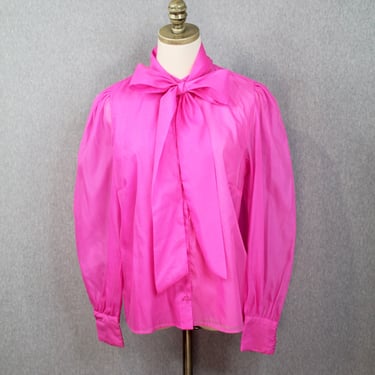 Vintage Hot Pink Bow Blouse - Tie Neck - Sheer Organza Blouse - Puff Sleeve - Bow Neck 