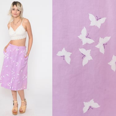 70s Butterfly Skirt Lavender Button Up Skirt Hippie Skirt Bohemian Pintucked Pencil 1970s Boho Hippie High Waisted Purple Vintage Small xs s 