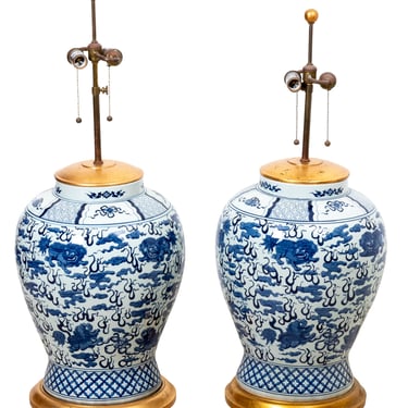 Pair Blue and White Temple Jar Lamps
