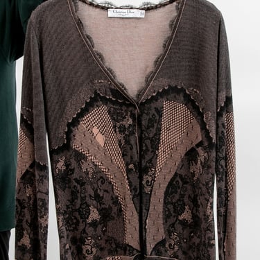 Christian Dior 2006 S/S Collection by John Galliano Black & Nude Trompe l’oeil Mesh Lace Print Long Sleeve Cardigan / Sweater 