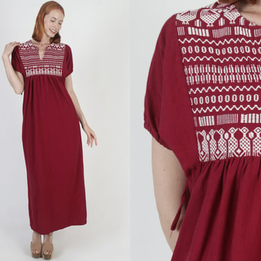 Traditional Aztec Embroidered Guatemalan Dress Ethnic Embroidered Long Maxi Burgundy South American Pockets Dress 