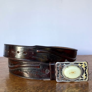 Tooled Leather Belt with Real Scorpion Inset in Belt Buckle 