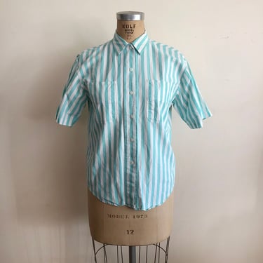 Short-Sleeved Teal and White Striped Button-Down Shirt - 1980s 