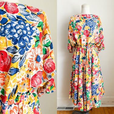 Vintage 1980s Fruit Novelty Printed Dress / L-XL 