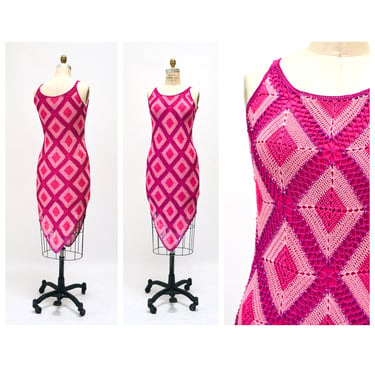 90s 00s Y2k Vintage Pink Crochet Beaded Club Party Prom Dress Body Con Knit Dress Size Small Medium 00s Party Dress Medium 