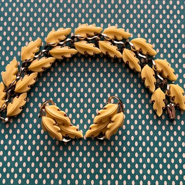 1950s yellow thermoset bracelet link leaf cuff and earrings vintage jewelry 