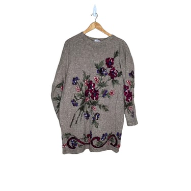 Vintage Laura Ashley Brown Oversized Wool Floral Sweater, Size Large 