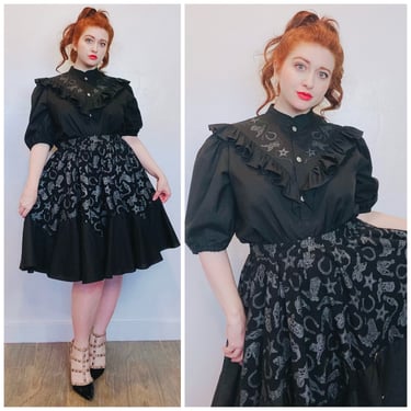 1980s Vintage Poly Cotton Black Ruffled Western Set / 80s Cowboy Boot Circle Skirt and Blouse / Size Large - XL 
