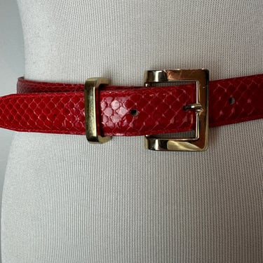 Vintage 80’s Red snakeskin belt with glossy gold buckle~ skinny trouser belt~ sleek dressy belts~ size XSM-SM  25”-28” waist 