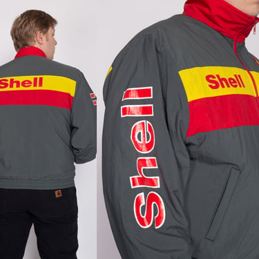 90s Shell Gas Station Sponsor Jacket - Men's XL | Vintage Yellow Red Striped Uniform Workwear Jacket 