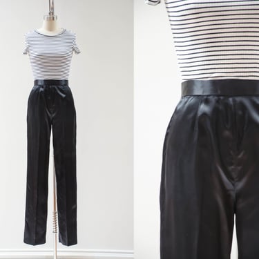 high waisted pants | 80s 90s vintage glossy silky black satin dark academia pleated skinny trousers 