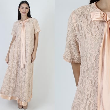 Long Lace Nightgown With Pockets, Front Zip Salmon Dress, Womens 50s Mid Century Gown 