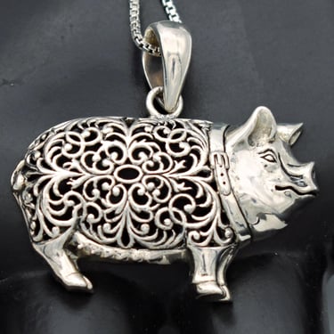 80's sterling silver filigree pet pig pendant, Victorian style 925 NK lucky sow necklace 