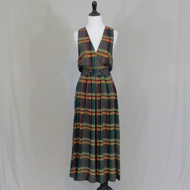 80s Plaid Split Skirt Jumper - Wide Leg Jumpsuit - Dark Green, Orange, Black, Tan - SL Fashions - Vintage 1980s - M L 