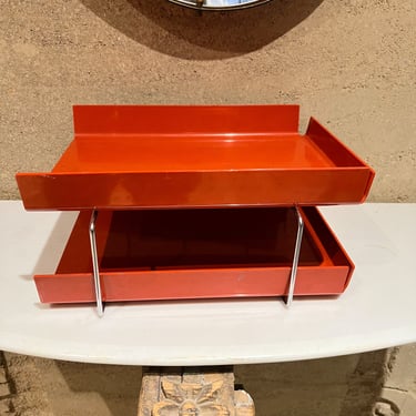 1980s Postmodern Desk Tiered File Tray Office in Red Chrome Accents Joe Colombo 