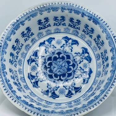 Vintage 12 3/4" Blue and White Asian Style  Large Bowl with lovely lotus floral design 