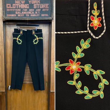 Vintage 1950’s W35 Amazing Embroidered Chainstitch Western Cowboy Wool Twill Rockabilly Pants, Western, Chainstitch, 1950s, Slacks, Western, 