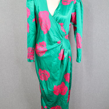 1980s - Floral Kung Green and Pink Rose Print Dress - 80s Wrap Dress - Petite 