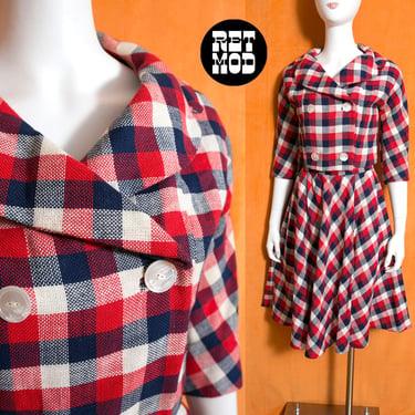 So Sassy Vintage 50s 60s Red Blue Plaid Two-Piece Skirt & Cropped Jacket Top SET 