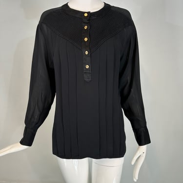 Chanel Black Silk Chiffon & Satin Pleated Long Sleeve Button Front Blouse