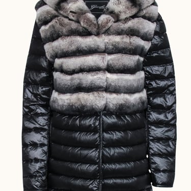 Garshi - Black Puffer Coat w/ Detachable Hood &amp; Rabbit Fur Trim Sz XS