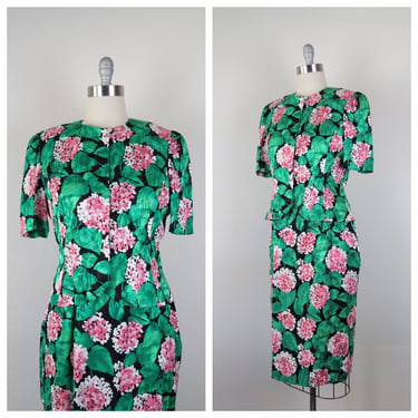Vintage 1980s silk floral dress set, skirt and matching top, floral, 2 piece 