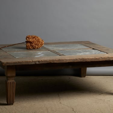 Large Teak Coffee Table with Four 17th Century Belgian Bluestone Panels & Fine Reeded Tapered Square Legs