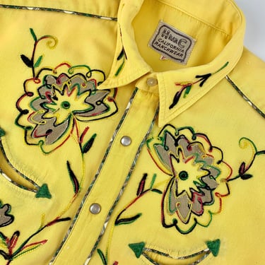 1950's Western Shirt - H BAR C Ranchwear - Yellow Rayon Gabardine - Chain-Stitched Embroidery - Snap Buttons - Smile Pockets - Men's Medium 