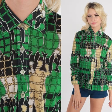 Abstract Checkered Shirt 70s Green Psychedelic Blouse Button Down up Top Boho Shirt 1970s Vintage Long Sleeve Equestrian Extra Small xs 