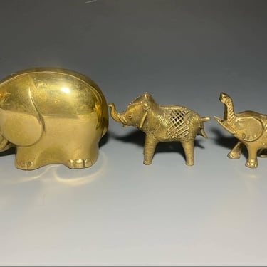 Vintage Set of Three Solid Brass Elephant Sculptures 