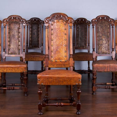 Early 19th Century French Renaissance Walnut Dining Chairs W/ Original Tooled Brown Leather - Set of 8 