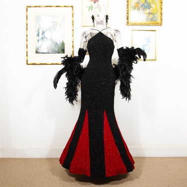 Vintage 1990s Black Red Glitter Maxi Evening Dress Glam Party Gown Size M UK 12 