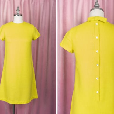Vintage 1960s GAY GIBSON Sunshine Yellow A-Line Dress with Button Down Back and Bow Detail 
