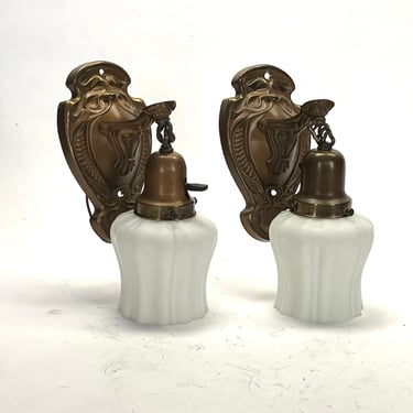 Pair Art Nouveau Wall Sconce with Vintage Sheffield Shades, Original Finish FREE SHIPPING 