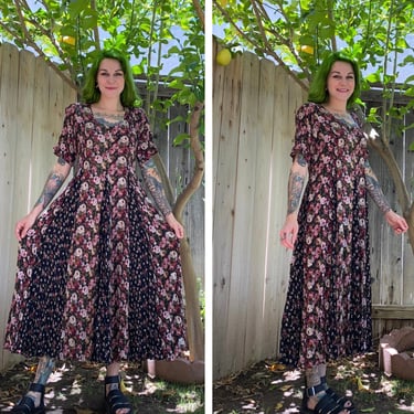 Vintage 1990’s Dark Floral Maxi Dress with Pattern Block Skirt 