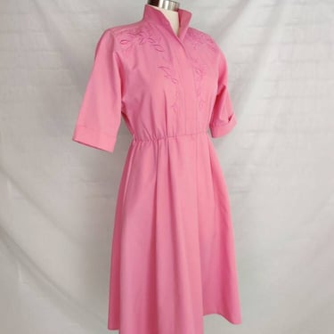 Vintage 80s Pink Shirtdress with Embroidery // High Collar Dress with Pockets 