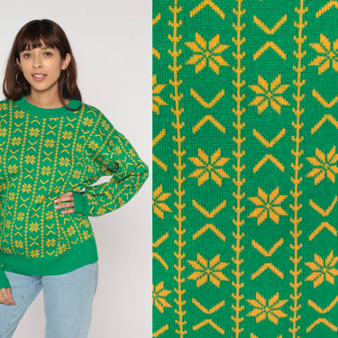 Green Snowflake Sweater 90s Fair Isle Sweater Yellow Geometric Striped Knit Pullover Crewneck Jumper Knitwear 1990s Vintage Acrylic Large L 