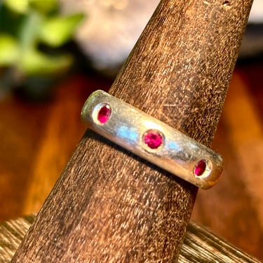 Vintage Silver Ring Band Red Stones Thailand Retro 1990s 90s Fashion Jewelry Gift 