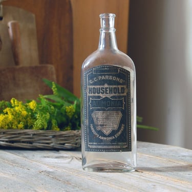 Antique ammonia bottle / vintage apothecary pharmacy bottle / CC Parsons household ammonia / antique clear glass medicine bottle 
