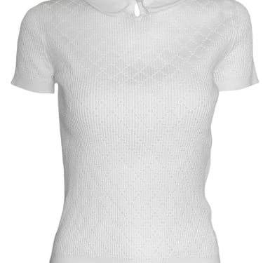 Chanel 2000s White Ribbed Cotton Pullover Top with Short Sleeves