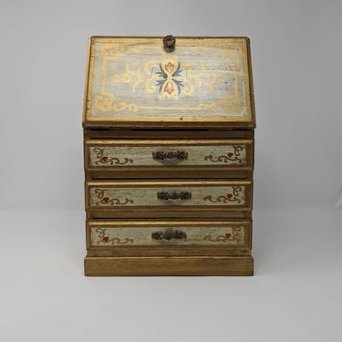 Vintage Folk Jewelry Music Box - Doll Size Florentine Desk Replica Jewelry Box - Wooden Jewelry Box 