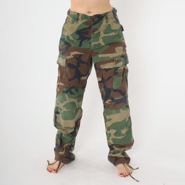 Vintage 90s Woodland Camouflage Pants Military Style Cargo Utility Trousers Camo Adjustable Waist Cotton Nylon Blend Small S 