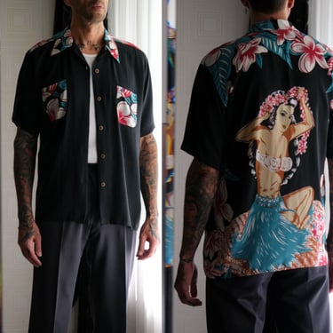 Vintage 90s Avanti Hawaiian Mens Silk Loop Collar Shirt w/ Floral Pinup Print | 100% Silk | Size Large | 1990s Does 1940s Avanti Silk Shirt 