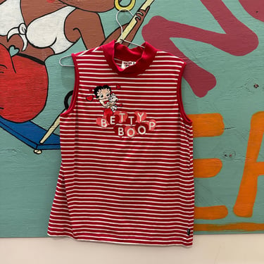 90s Betty Boop Striped Tank Top / Embroidery / Large / Hearts / Cotton / Horizontal Stripes / Candy Hearts / Plus / Mock Neck / Cartoon /y2k 